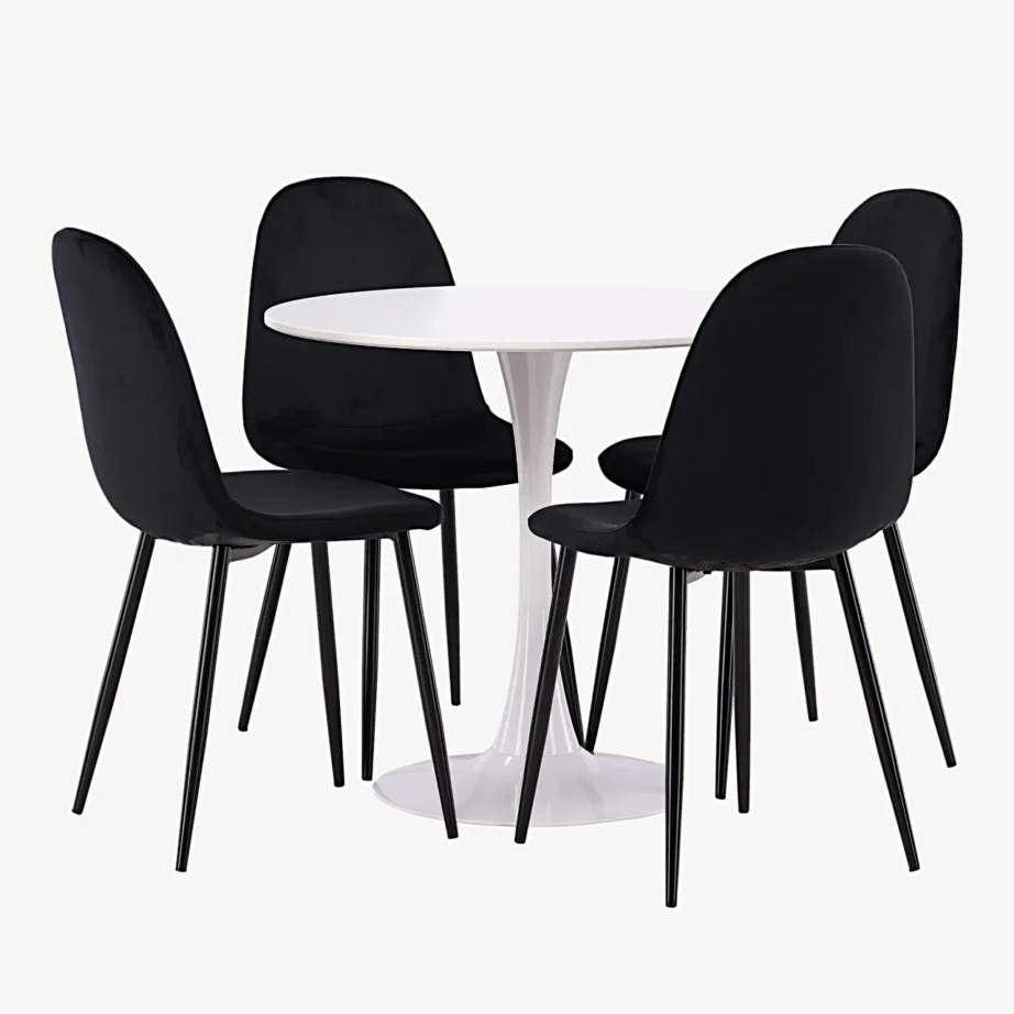 Hamden ümmargune valge söögilaud koos nelja musta sametist Polar tooliga, GR23439 – 4