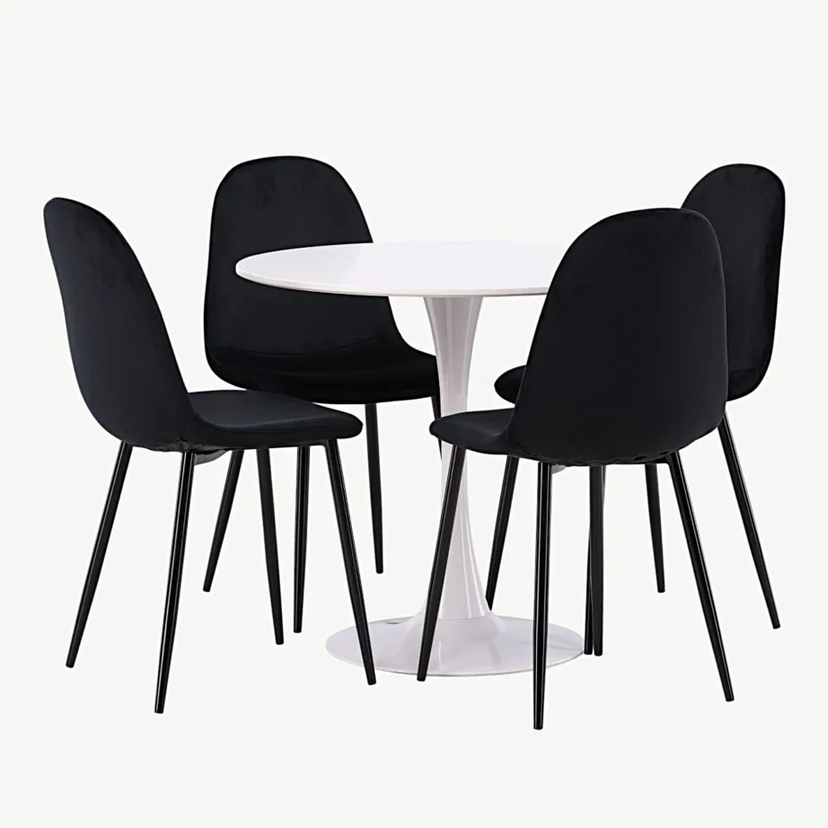 Hamden ümmargune valge söögilaud koos nelja musta sametist Polar tooliga, GR23439 – 6