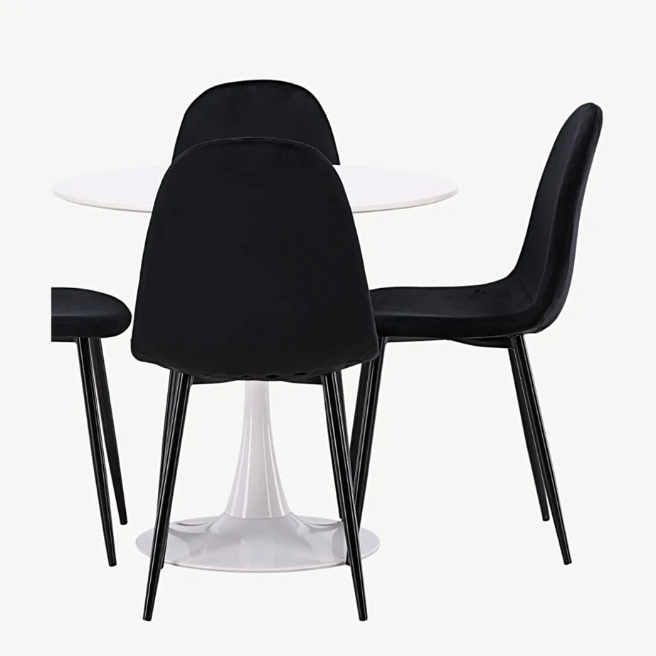 Hamden ümmargune valge söögilaud koos nelja musta sametist Polar tooliga, GR23439 – 7