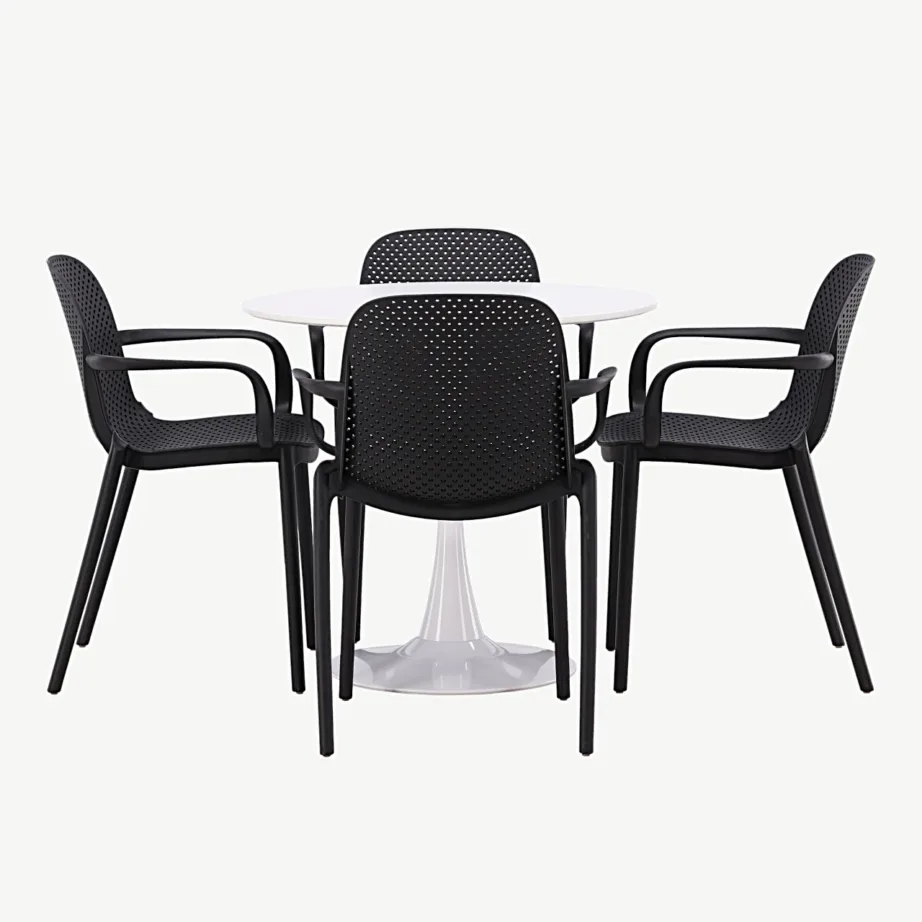 Ümmargune valge söögilaud Hamden (MDF, Ø80 cm) ja neli musta Baltimore tooli, GR23442 – 2