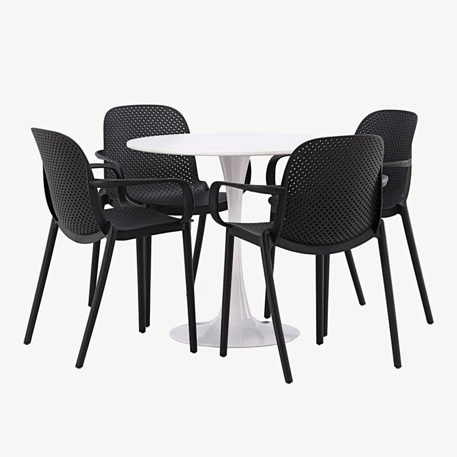 Ümmargune valge söögilaud Hamden (MDF, Ø80 cm) ja neli musta Baltimore tooli, GR23442 – 3