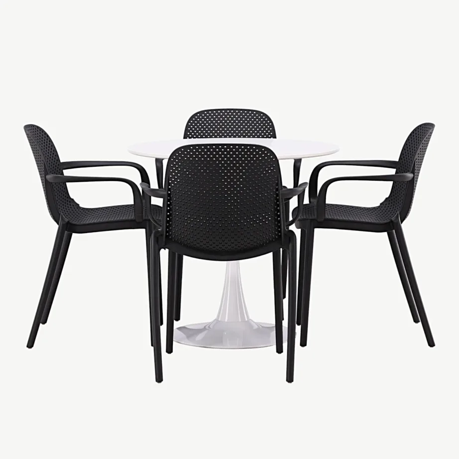 Ümmargune valge söögilaud Hamden (MDF, Ø80 cm) ja neli musta Baltimore tooli, GR23442 – 4