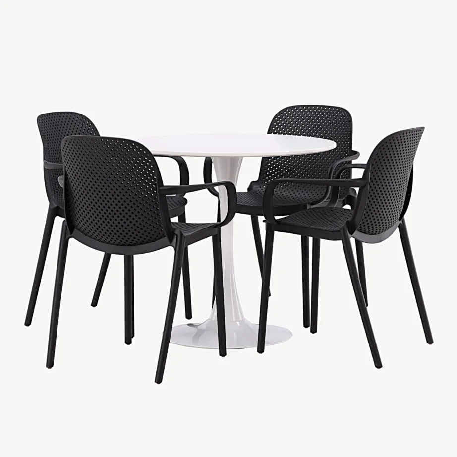 Ümmargune valge söögilaud Hamden (MDF, Ø80 cm) ja neli musta Baltimore tooli, GR23442 – 5