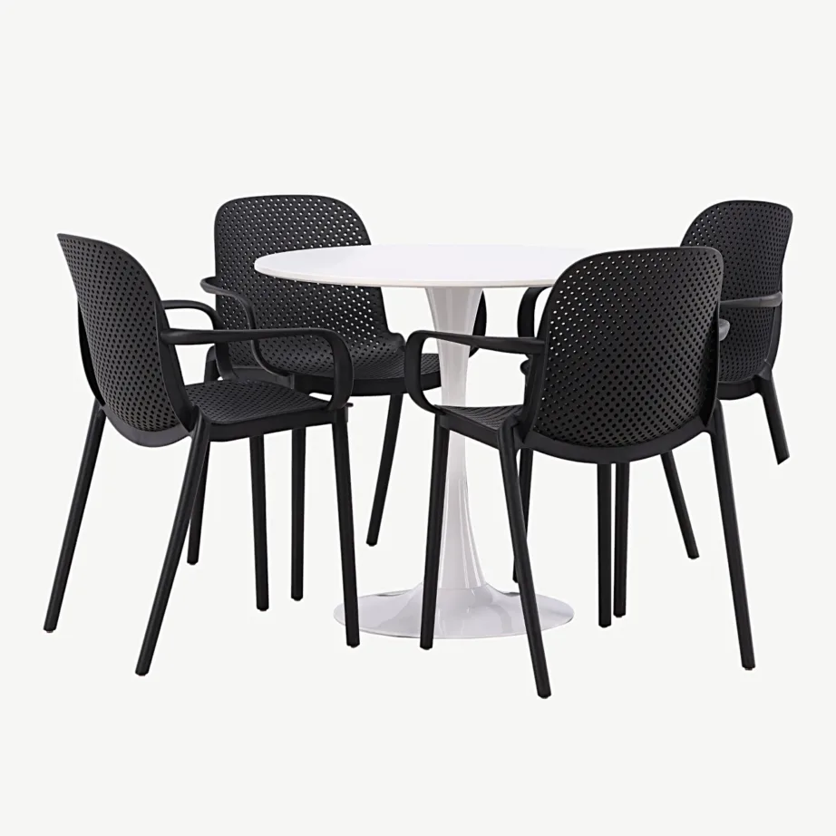 Ümmargune valge söögilaud Hamden (MDF, Ø80 cm) ja neli musta Baltimore tooli, GR23442 – 6