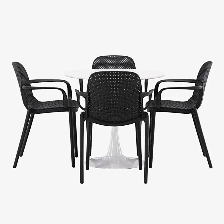 Ümmargune valge söögilaud Hamden (MDF, Ø80 cm) ja neli musta Baltimore tooli, GR23442 – 7