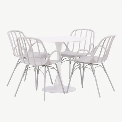 Ümmargune söögilaud Hamden ja 4 hallikasbeeži tooliga Dyrön (valge MDF, ø80 cm) - GR23446