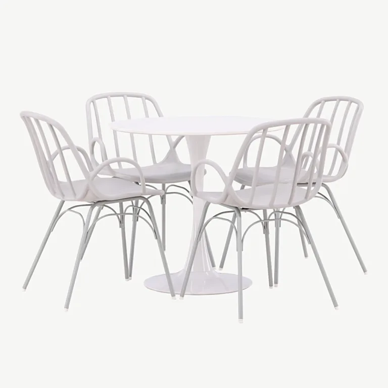 Ümmargune söögilaud Hamden ja 4 hallikasbeeži tooliga Dyrön (valge MDF, ø80 cm) - GR23446