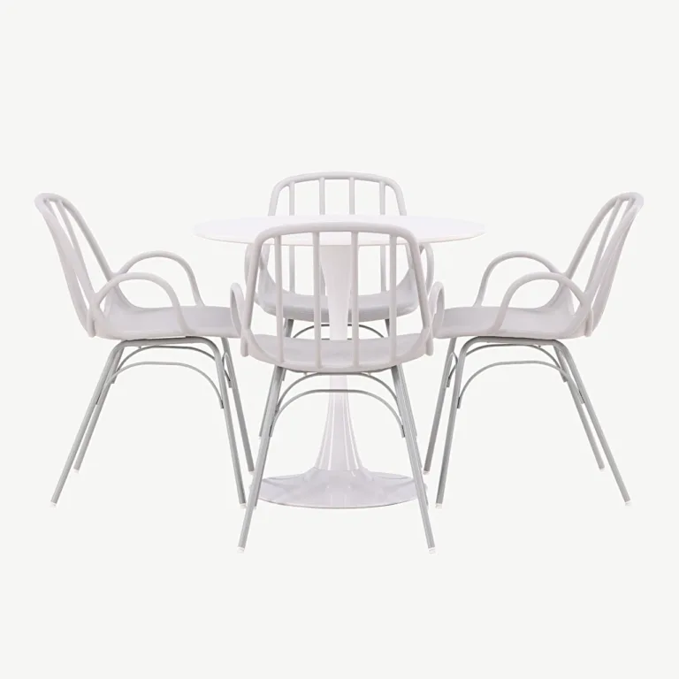 Ümmargune söögilaud Hamden ja 4 hallikasbeeži tooliga Dyrön (valge MDF, ø80 cm) - GR23446