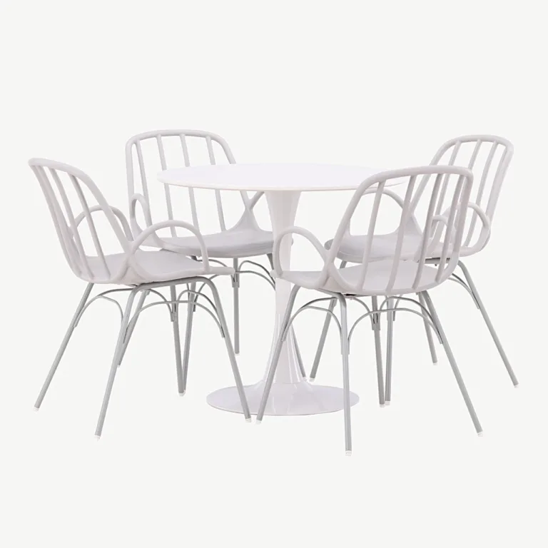 Ümmargune söögilaud Hamden ja 4 hallikasbeeži tooliga Dyrön (valge MDF, ø80 cm) - GR23446