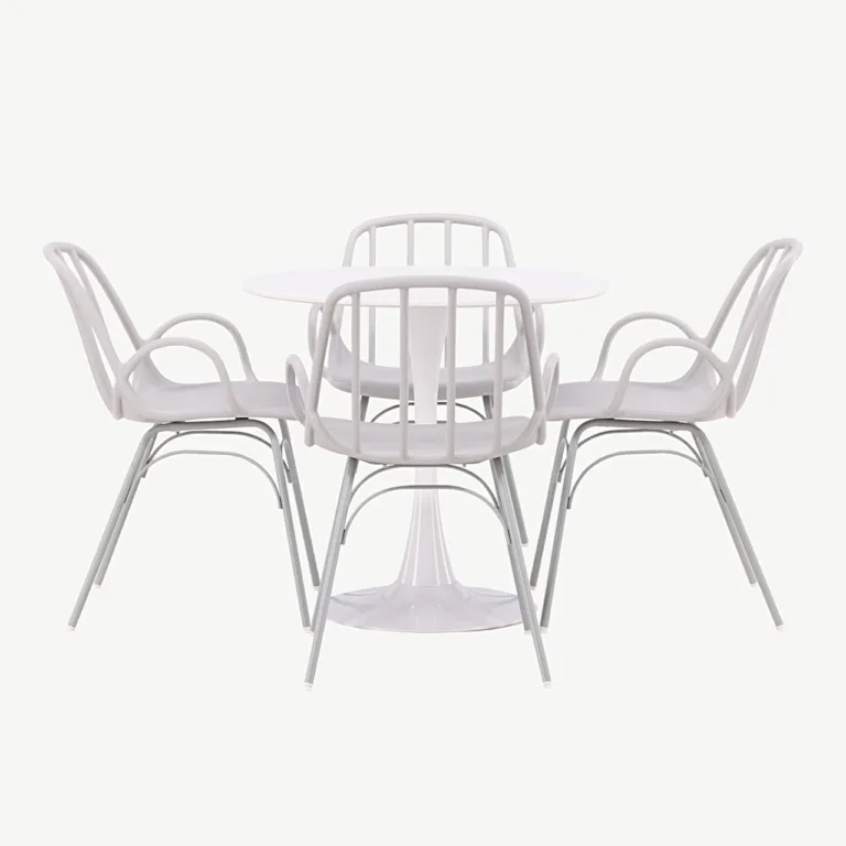 Ümmargune söögilaud Hamden ja 4 hallikasbeeži tooliga Dyrön (valge MDF, ø80 cm) - GR23446