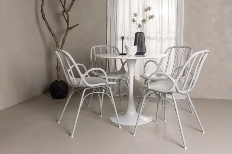 Ümmargune söögilaud Hamden ja 4 hallikasbeeži tooliga Dyrön (valge MDF, ø80 cm) - GR23446