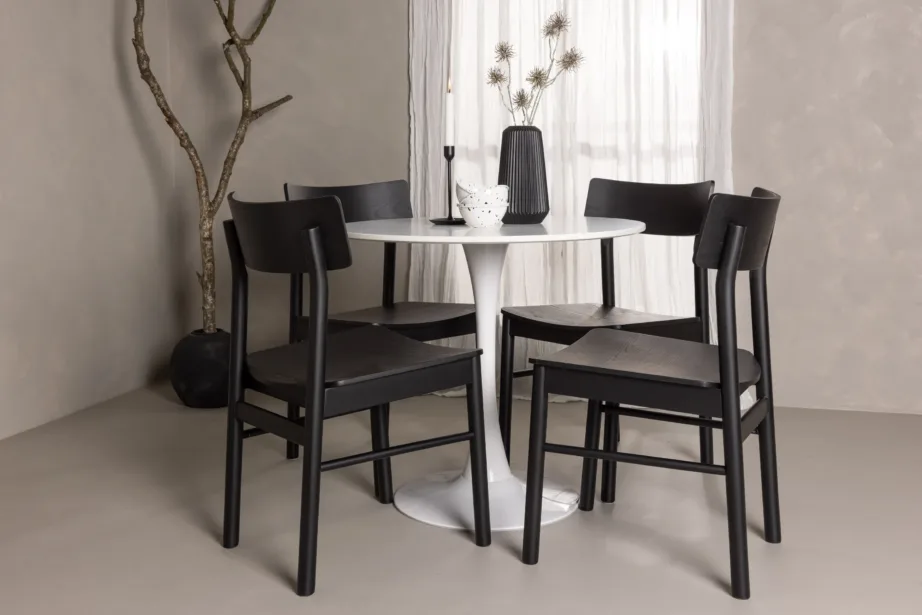 Ümmargune valge söögilauakomplekt Hamden 4 musta Montros tooliga, GR23451 – 8