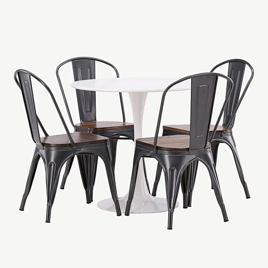 Hamiltoni ümmargune valge söögilauakomplekt: Hamden MDF laud ja 4 tumehalli Tempe tooli (pähklivärvi iste), GR23453 – 3