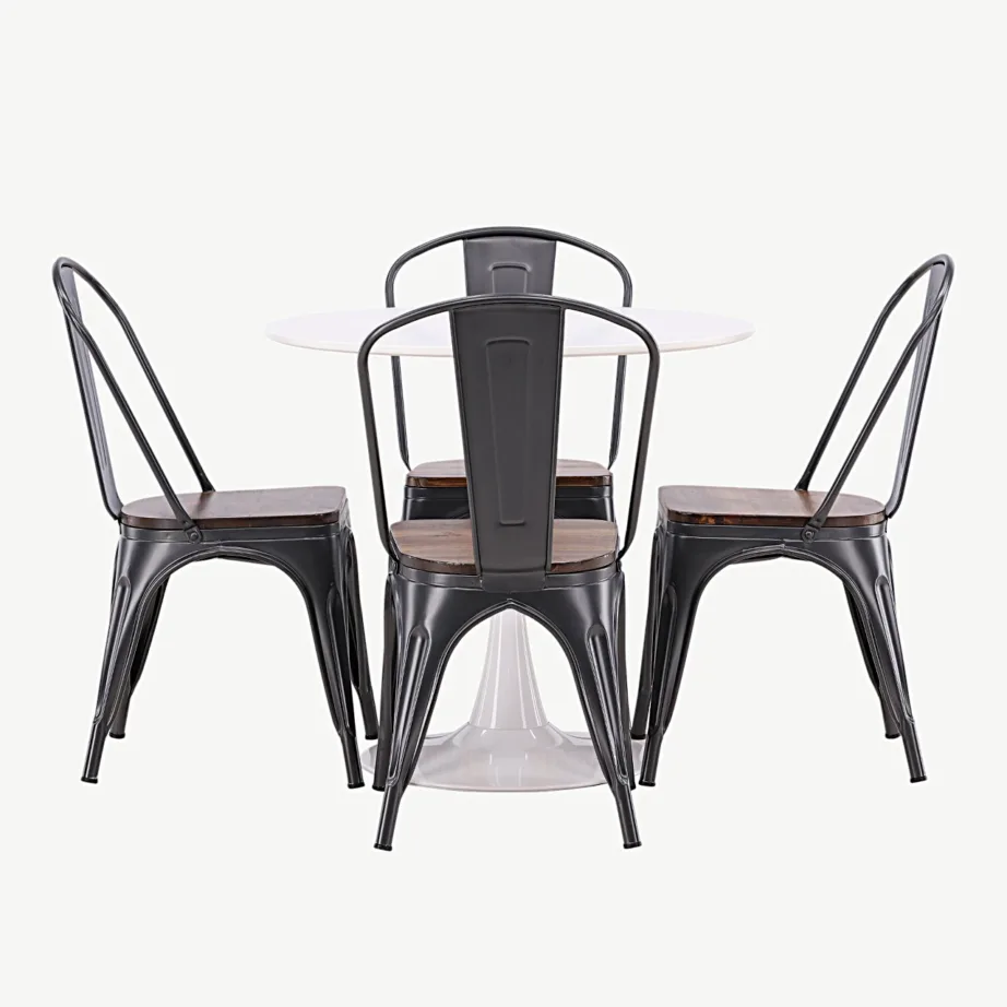 Hamiltoni ümmargune valge söögilauakomplekt: Hamden MDF laud ja 4 tumehalli Tempe tooli (pähklivärvi iste), GR23453 – 4