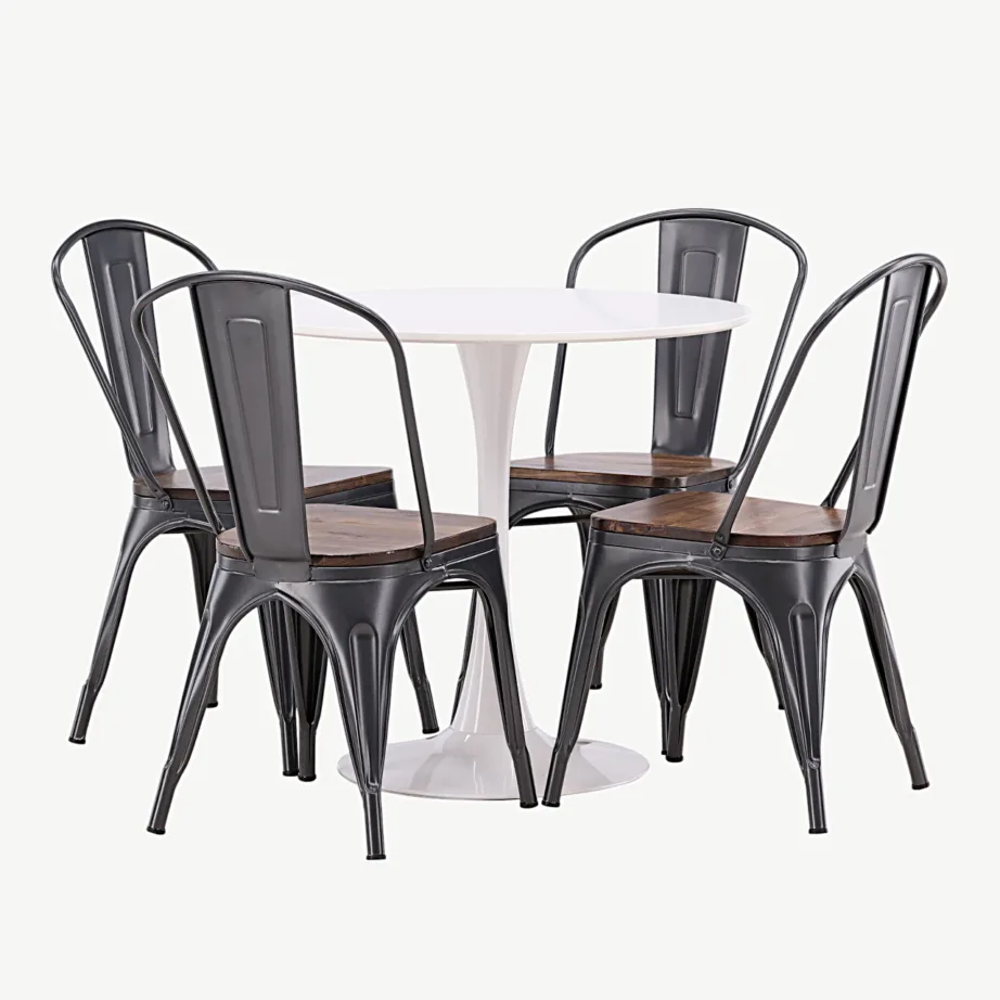 Hamiltoni ümmargune valge söögilauakomplekt: Hamden MDF laud ja 4 tumehalli Tempe tooli (pähklivärvi iste), GR23453 – 5