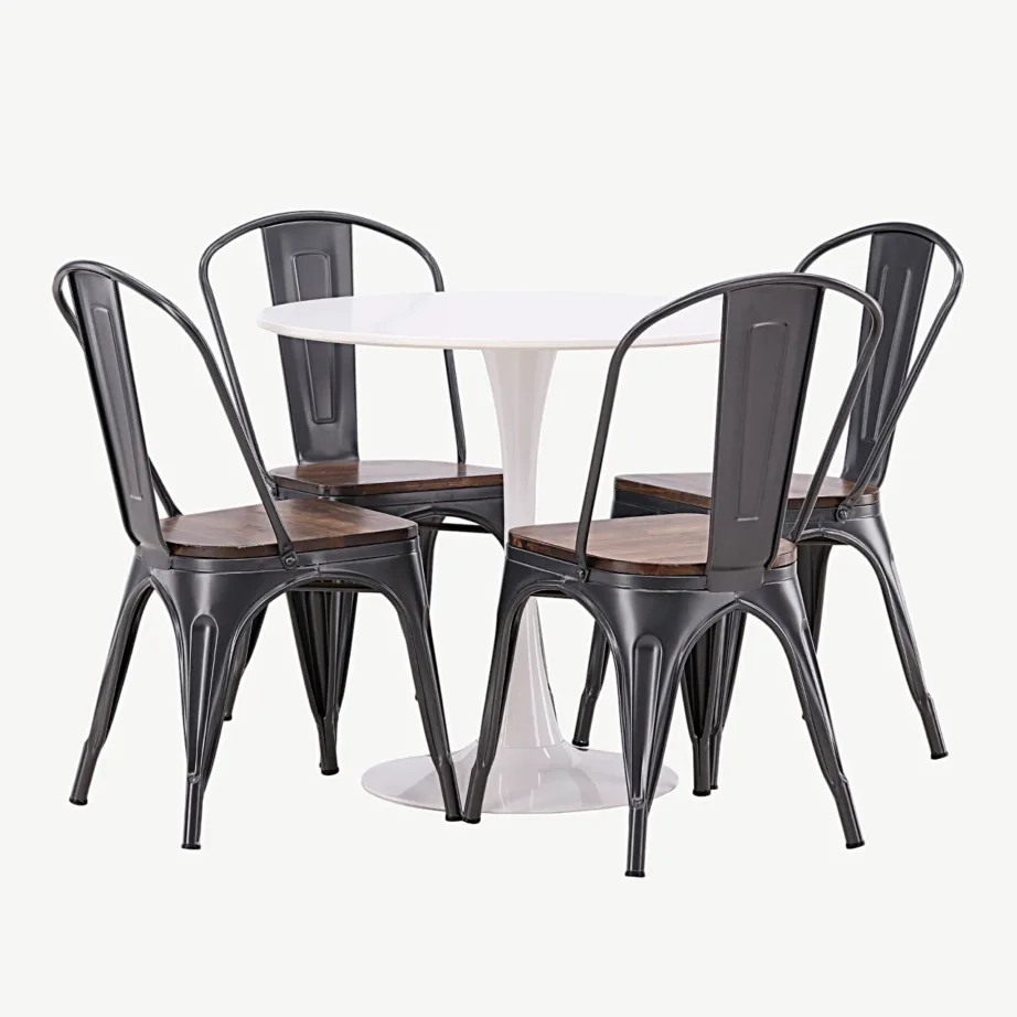 Hamiltoni ümmargune valge söögilauakomplekt: Hamden MDF laud ja 4 tumehalli Tempe tooli (pähklivärvi iste), GR23453 – 6