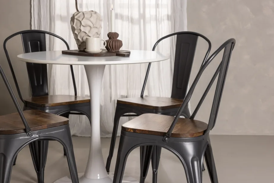 Hamiltoni ümmargune valge söögilauakomplekt: Hamden MDF laud ja 4 tumehalli Tempe tooli (pähklivärvi iste), GR23453 – 9