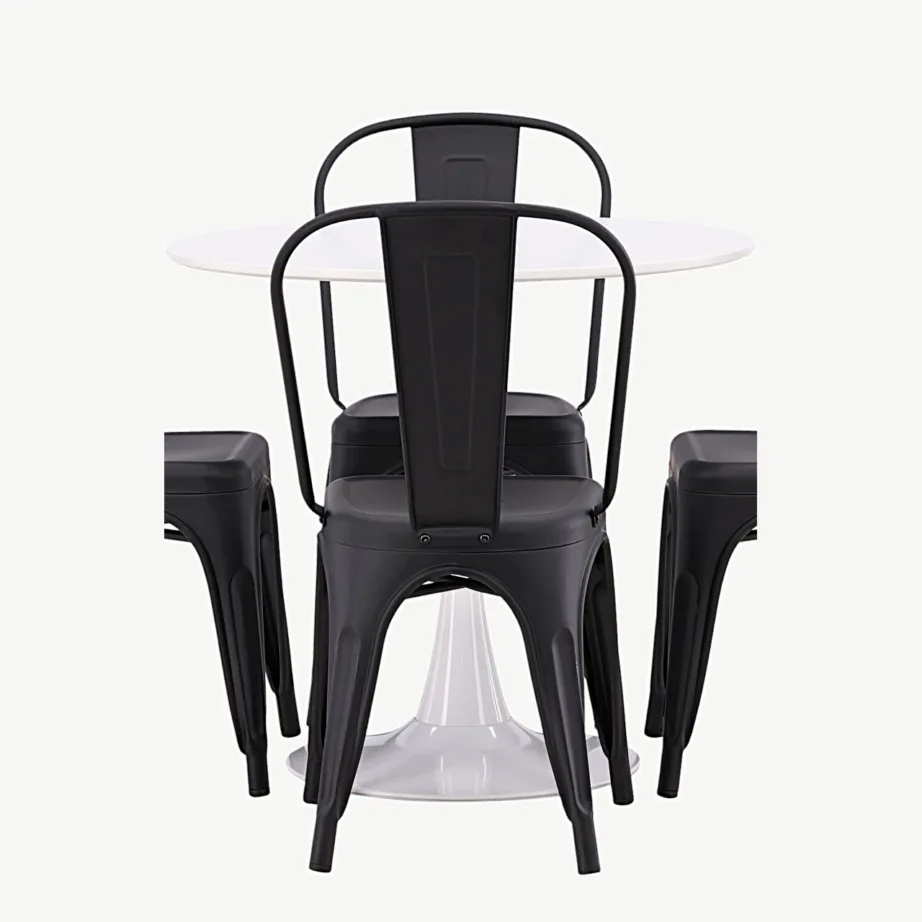 Ümmargune valge MDF-söögilauakomplekt Hamden mustade terastoolidega Tempe (4 tk), GR23454 – 2