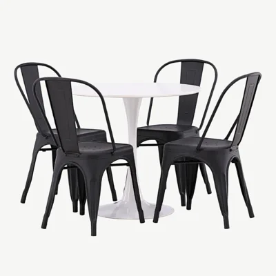 Ümmargune valge MDF-söögilauakomplekt Hamden mustade terastoolidega Tempe (4 tk) - GR23454