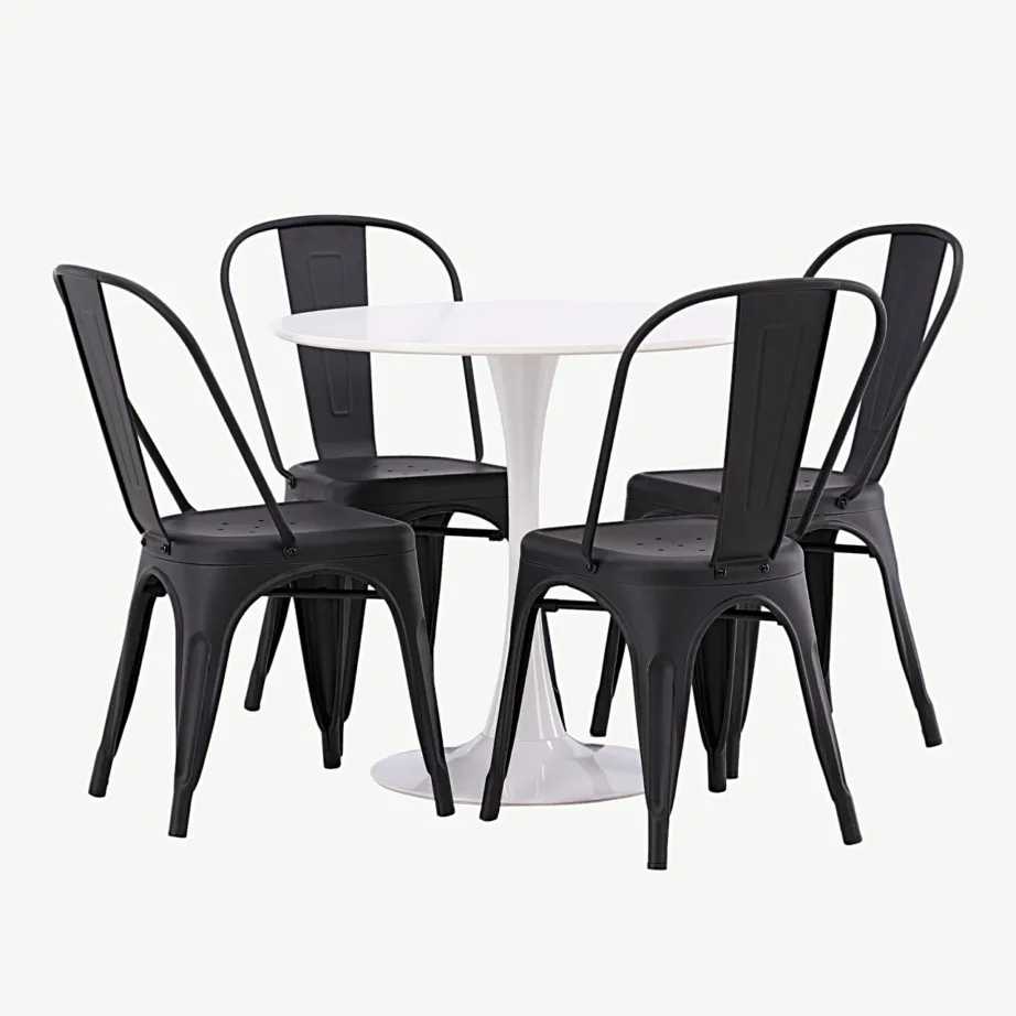 Ümmargune valge MDF-söögilauakomplekt Hamden mustade terastoolidega Tempe (4 tk), GR23454 – 3