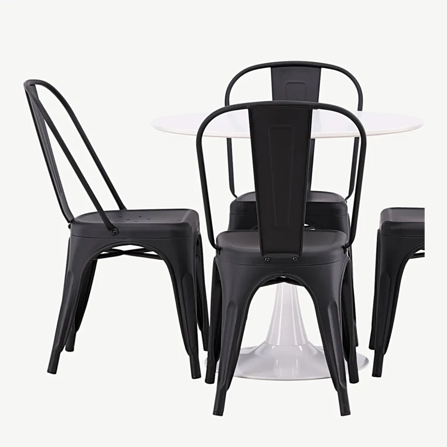 Ümmargune valge MDF-söögilauakomplekt Hamden mustade terastoolidega Tempe (4 tk), GR23454 – 4