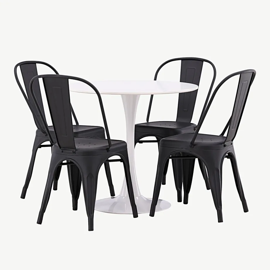 Ümmargune valge MDF-söögilauakomplekt Hamden mustade terastoolidega Tempe (4 tk), GR23454 – 5