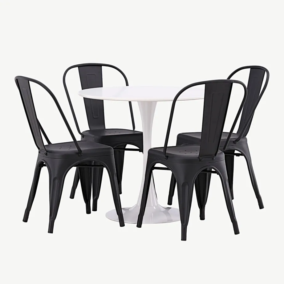 Ümmargune valge MDF-söögilauakomplekt Hamden mustade terastoolidega Tempe (4 tk), GR23454 – 6