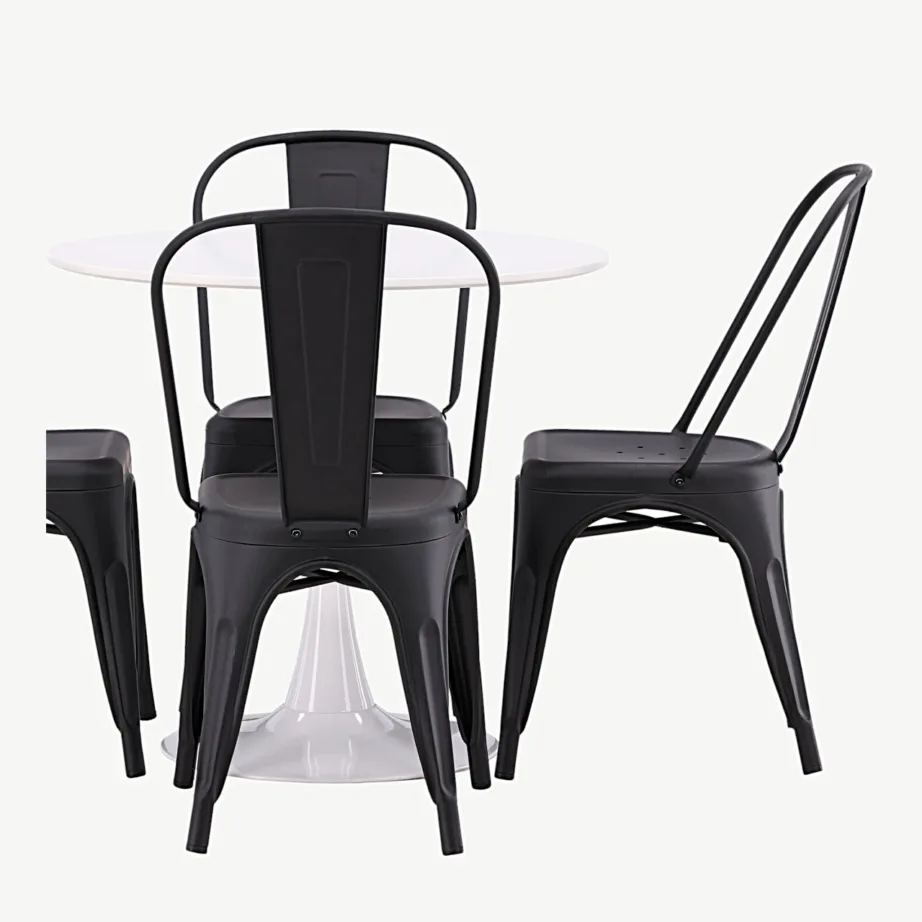 Ümmargune valge MDF-söögilauakomplekt Hamden mustade terastoolidega Tempe (4 tk), GR23454 – 7