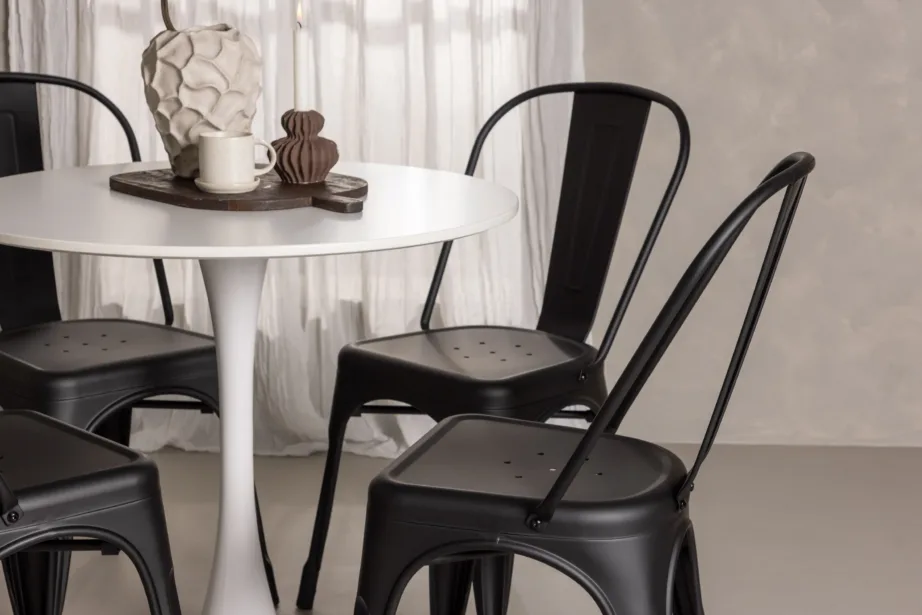 Ümmargune valge MDF-söögilauakomplekt Hamden mustade terastoolidega Tempe (4 tk), GR23454 – 9