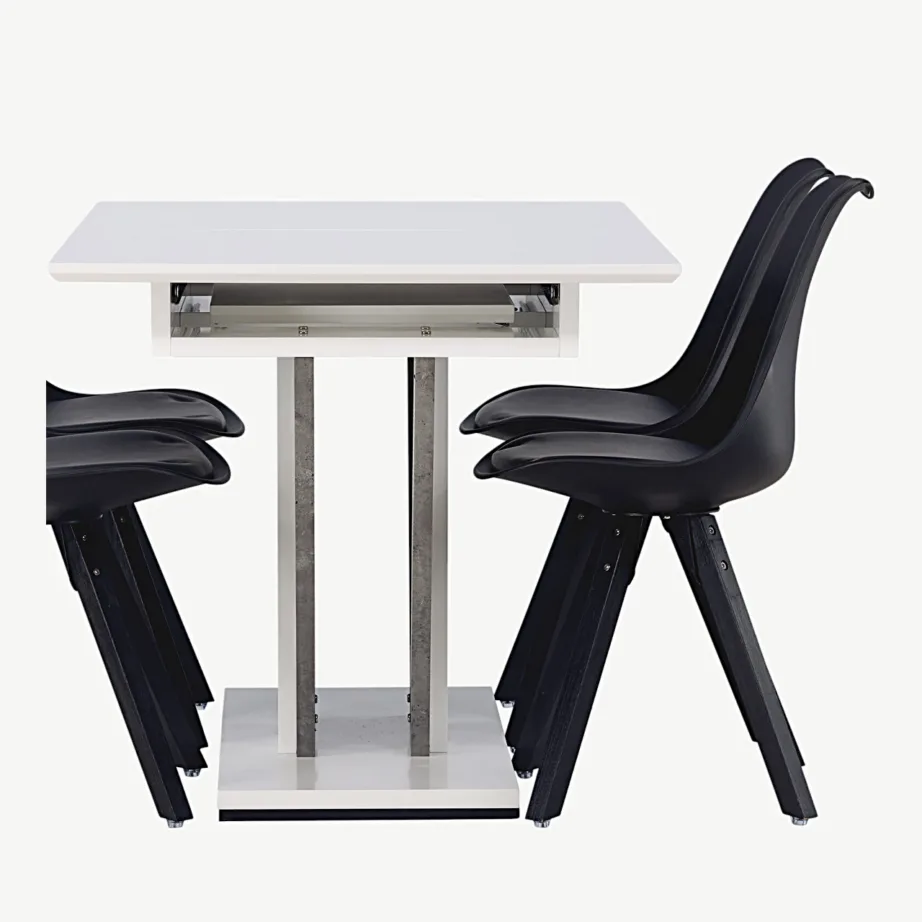 Laiendatav valge söögilauakomplekt mustade Zeno toolidega Disa, GR23592 – 3