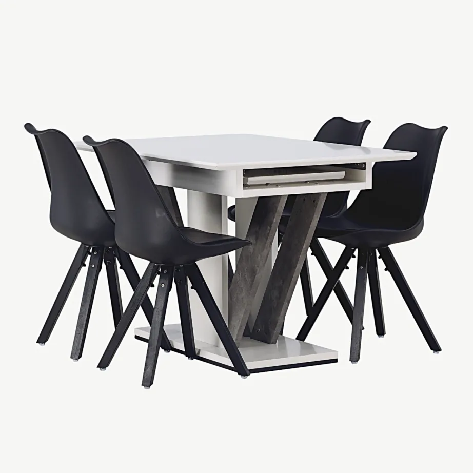 Laiendatav valge söögilauakomplekt mustade Zeno toolidega Disa, GR23592 – 4