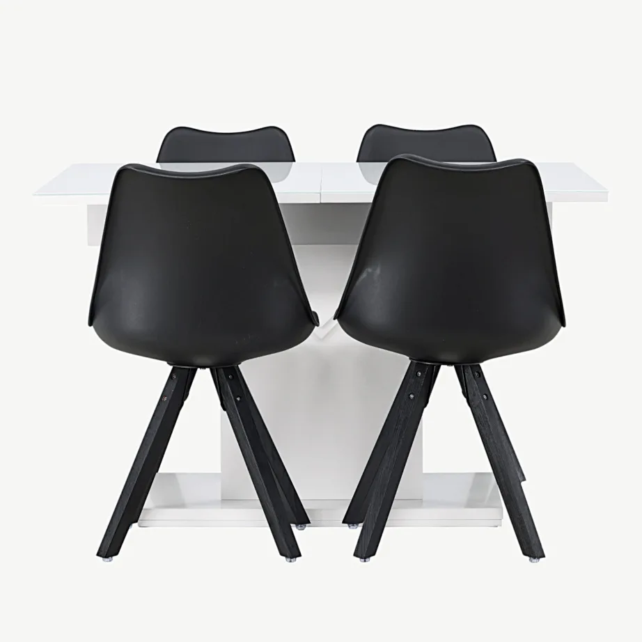 Pikendatav valge söögilaud Pluto koos mustade Zeno toolidega (MDF, klaasplaat), GR23602 – 2