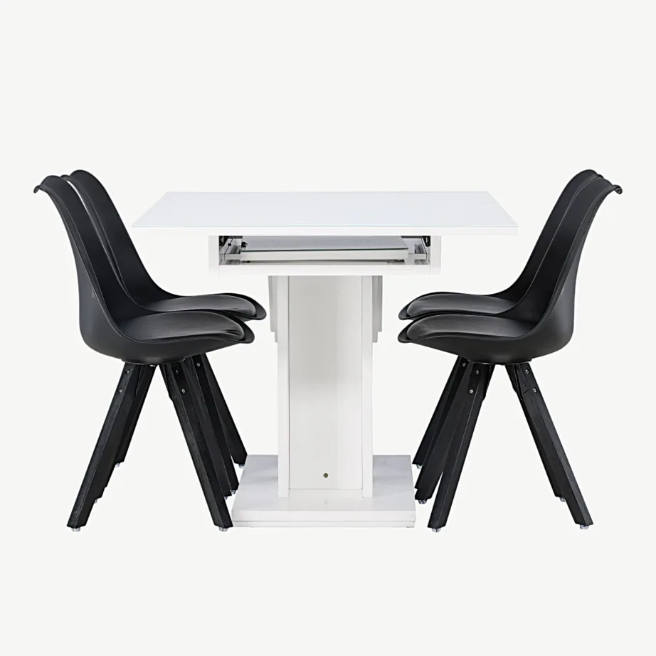 Pikendatav valge söögilaud Pluto koos mustade Zeno toolidega (MDF, klaasplaat), GR23602 – 3