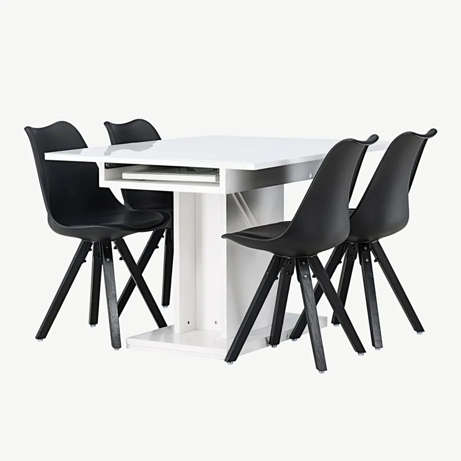 Pikendatav valge söögilaud Pluto koos mustade Zeno toolidega (MDF, klaasplaat), GR23602