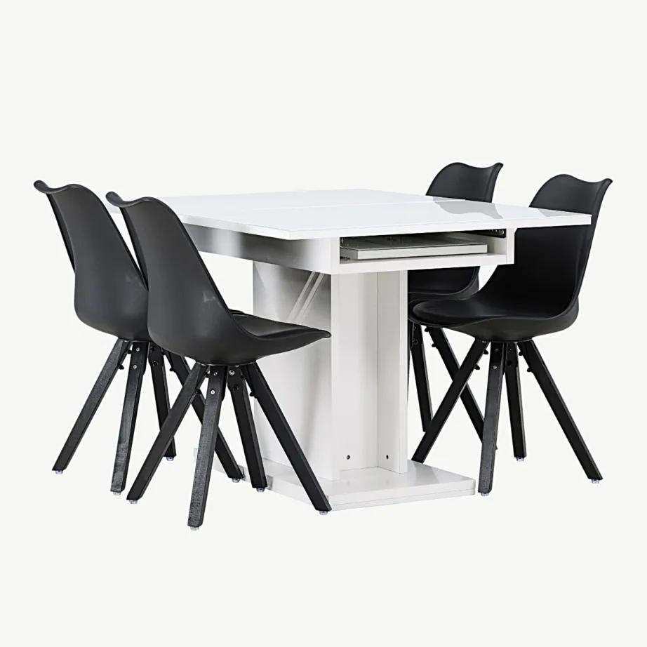 Pikendatav valge söögilaud Pluto koos mustade Zeno toolidega (MDF, klaasplaat), GR23602 – 4