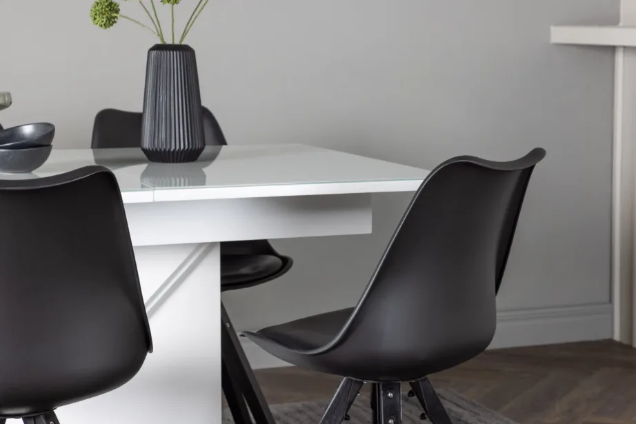 Pikendatav valge söögilaud Pluto koos mustade Zeno toolidega (MDF, klaasplaat), GR23602 – 6