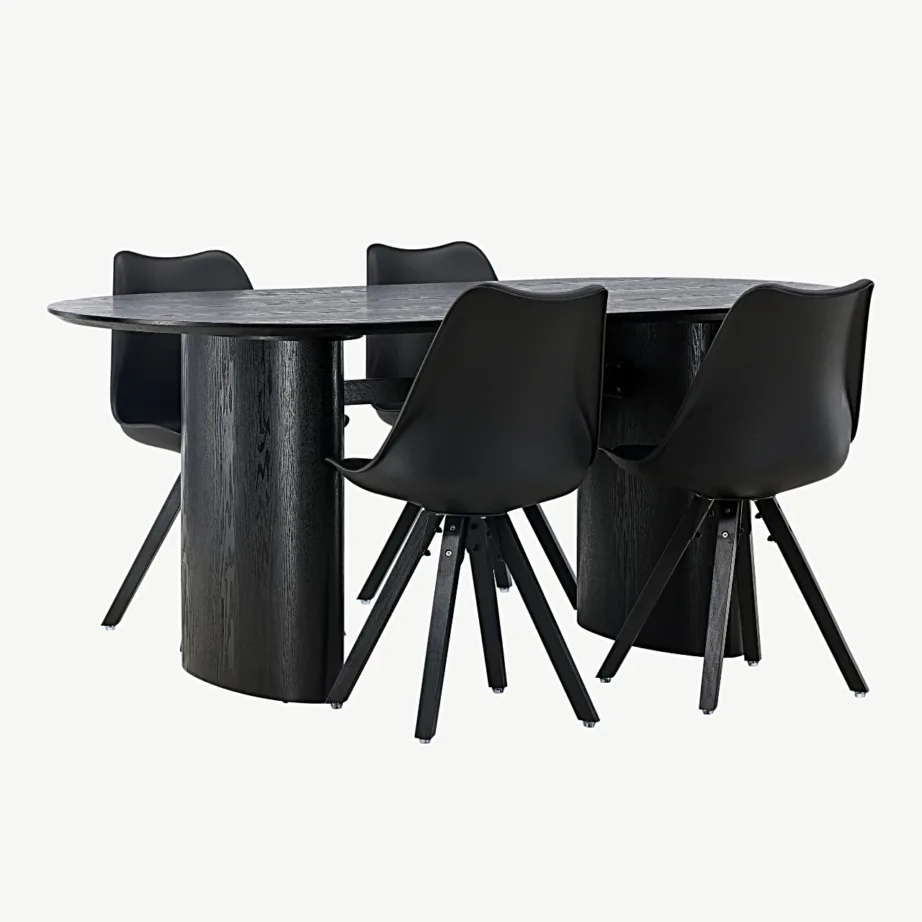 Söögilaud Isolde musta viimistlusega ja mustad polüpropüleenist Zeno toolid, GR23621 – 3