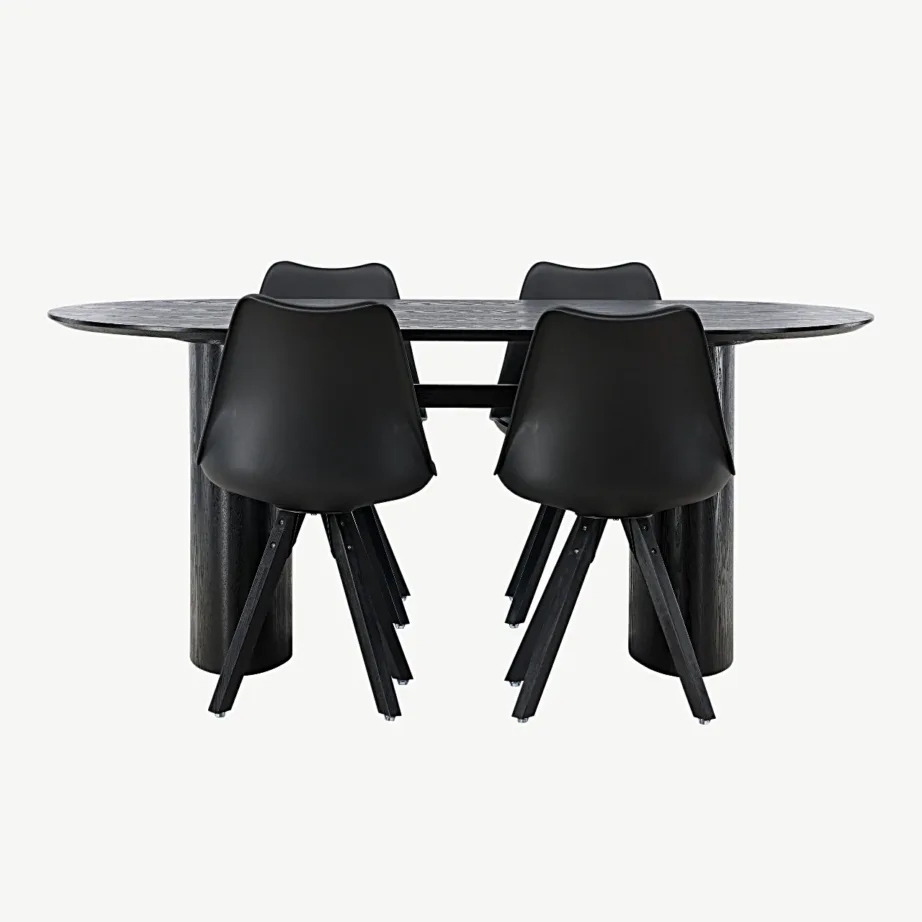 Söögilaud Isolde musta viimistlusega ja mustad polüpropüleenist Zeno toolid, GR23621 – 4