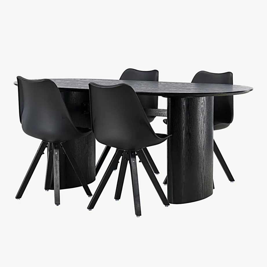 Söögilaud Isolde musta viimistlusega ja mustad polüpropüleenist Zeno toolid, GR23621 – 5