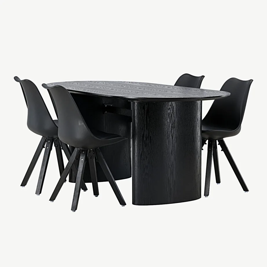 Söögilaud Isolde musta viimistlusega ja mustad polüpropüleenist Zeno toolid, GR23621 – 6