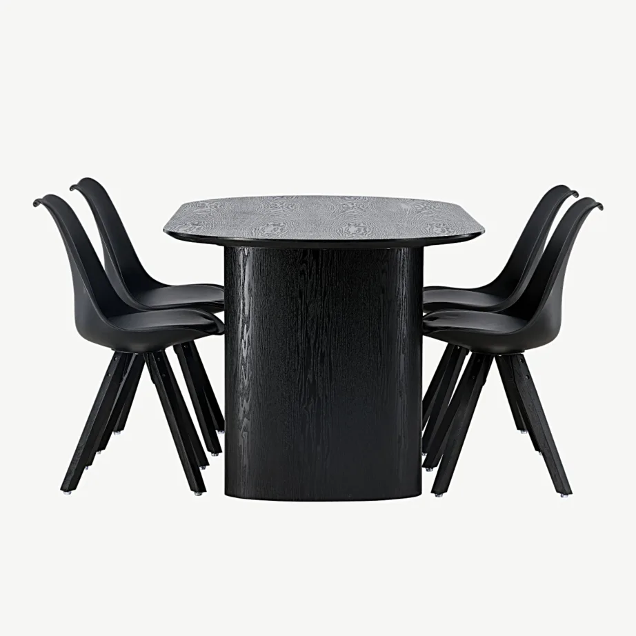 Söögilaud Isolde musta viimistlusega ja mustad polüpropüleenist Zeno toolid, GR23621 – 7