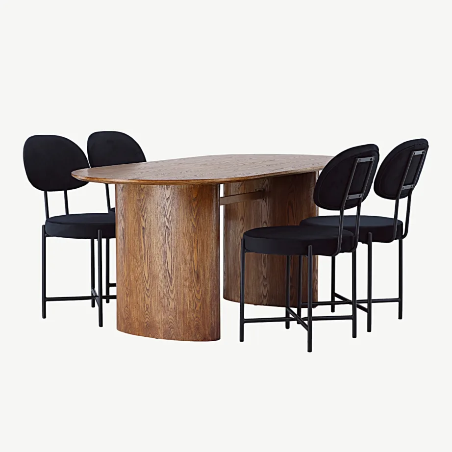 Ovaalne söögilaud Isolde naturaalse MDF-plaadiga ja mustad samettoolid Stella terasraamil, GR23650