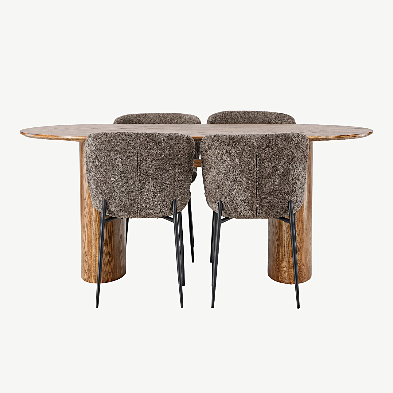 Ovaalne söögilauakomplekt Isolde (naturaalne MDF) ja Modesto buklee toolid (tumehall, mustad terasjalad) - GR23653
