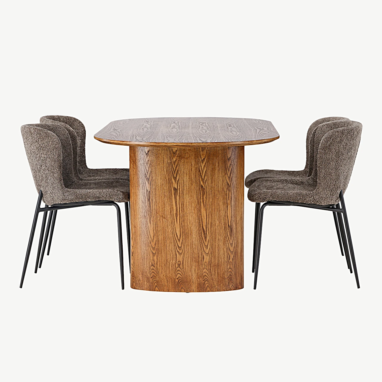 Ovaalne söögilauakomplekt Isolde (naturaalne MDF) ja Modesto buklee toolid (tumehall, mustad terasjalad) - GR23653