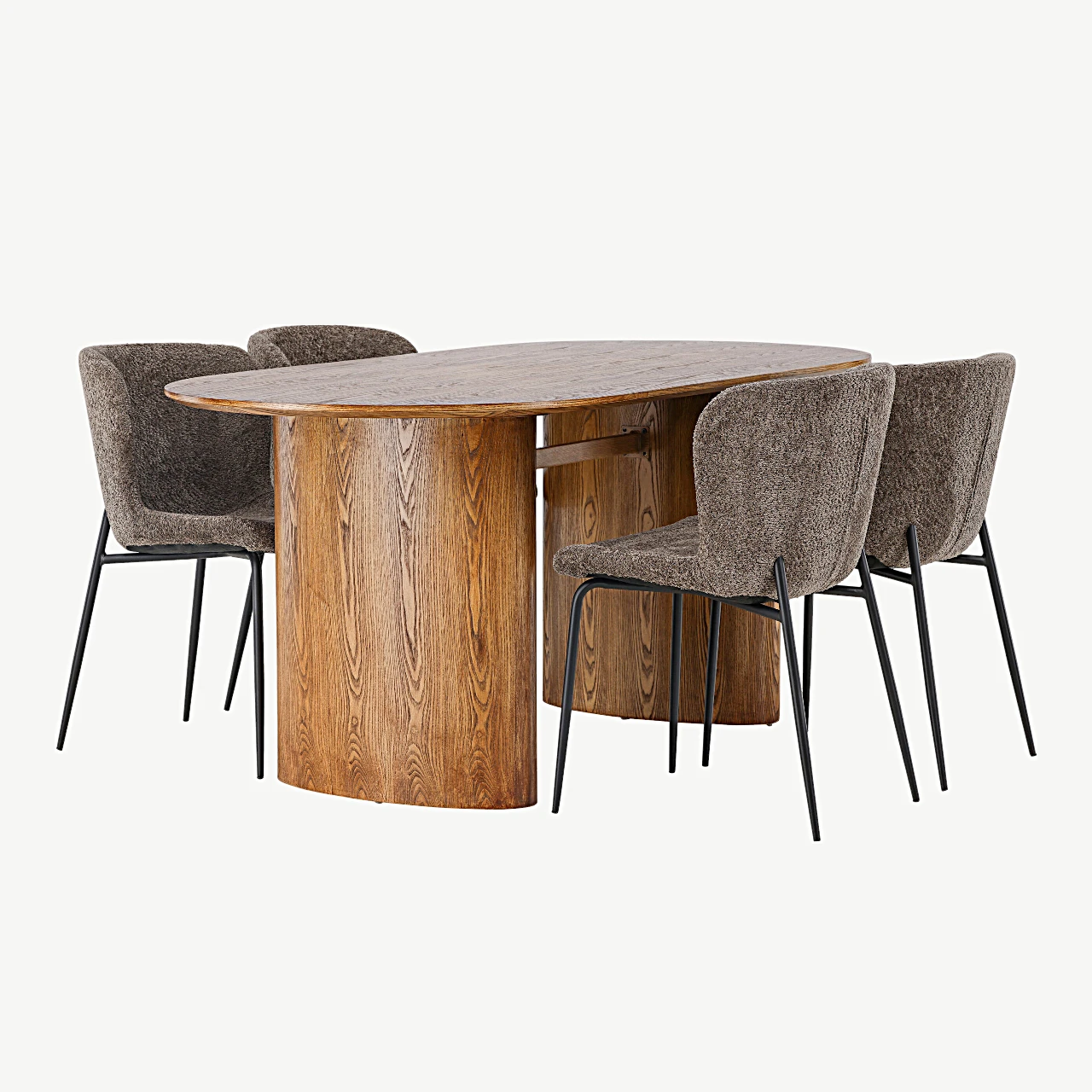 Ovaalne söögilauakomplekt Isolde (naturaalne MDF) ja Modesto buklee toolid (tumehall, mustad terasjalad) - GR23653