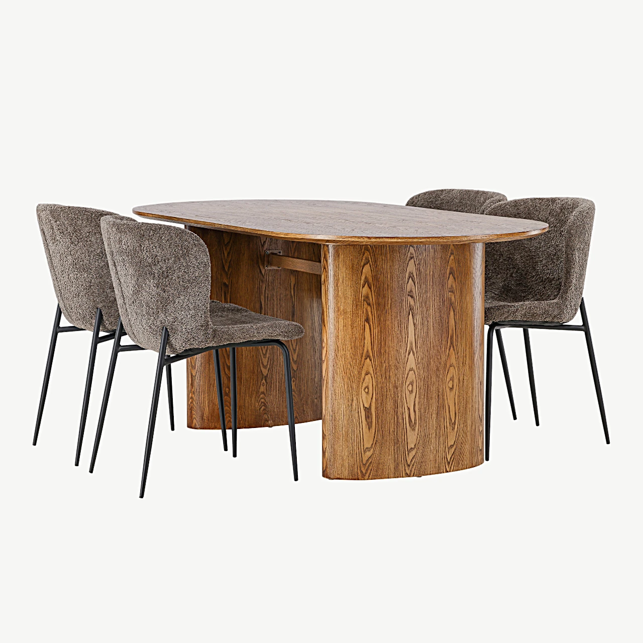 Ovaalne söögilauakomplekt Isolde (naturaalne MDF) ja Modesto buklee toolid (tumehall, mustad terasjalad) - GR23653