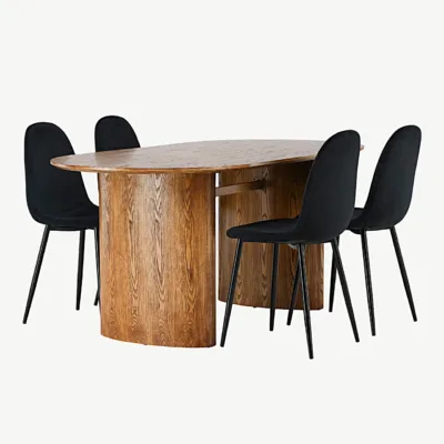 Ovaalne söögilauakomplekt Isolde, looduslik MDF laud ja mustad buklee-kattega Polar toolid - GR23656
