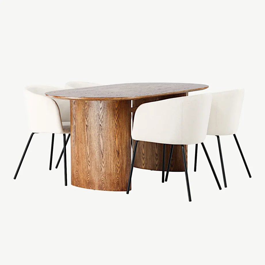 Ovaalne söögikomplekt Isolde (MDF, naturaalne) ja 4 polsterdatud Berit söögitooli (beež, mustad terasjalad), GR23657