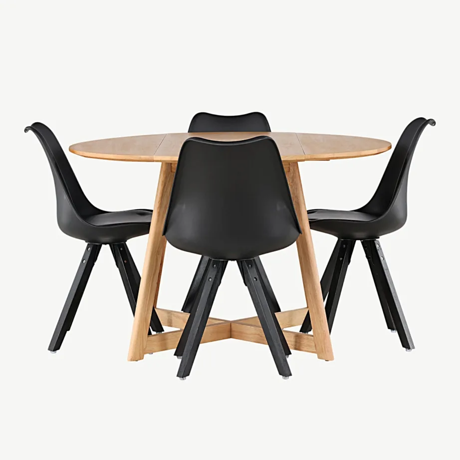 Ümmargune söögilauakomplekt Yakidon (tammelaadne MDF, kummipuu) ja mustad polüpropüleenist Zeno toolid, GR23878 – 2