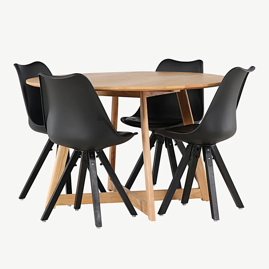 Ümmargune söögilauakomplekt Yakidon (tammelaadne MDF, kummipuu) ja mustad polüpropüleenist Zeno toolid, GR23878 – 3